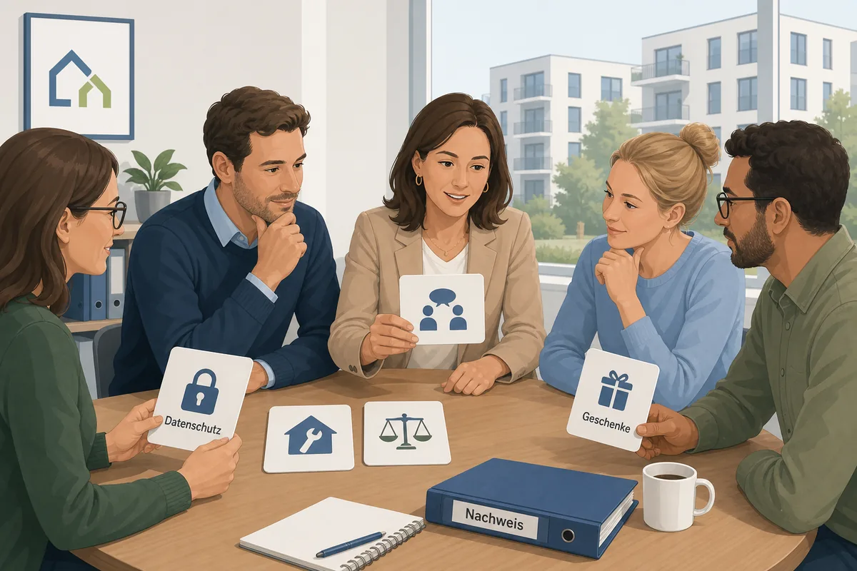 Team eines Wohnungsunternehmens bespricht Datenschutz, Geschenke, Nachweise und Compliance-Regeln