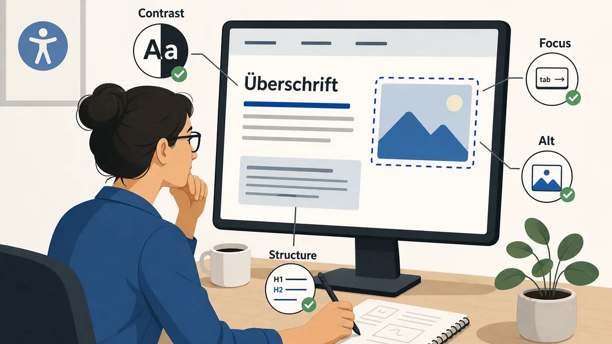 Designerin prueft Kontrast, Fokus, Struktur und Alternativtexte fuer digitale Barrierefreiheit