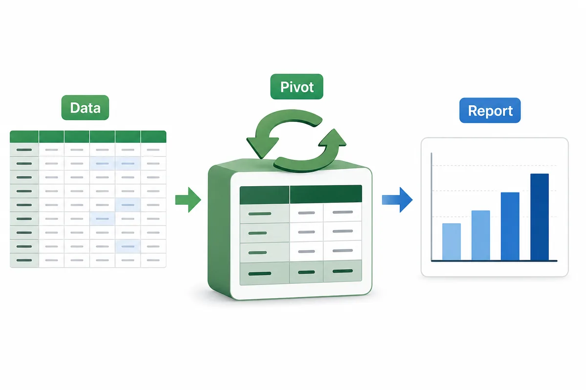Excel-Datenliste wird zu Pivot-Auswertung und einfachem Bericht zusammengefasst