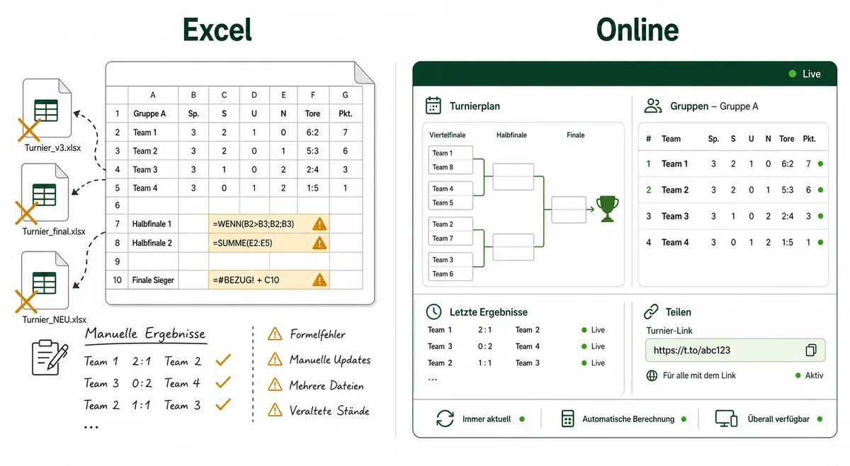 Vergleich zwischen Excel-Dateien und Online-Turnierplaner fuer Live-Ergebnisse und Teilen per Link