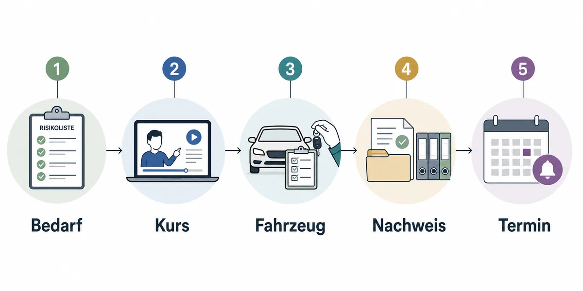 Fuenf Schritte fuer Fahrer UVV Unterweisung von Bedarf ueber Kurs und Fahrzeugbezug bis Nachweis und Termin