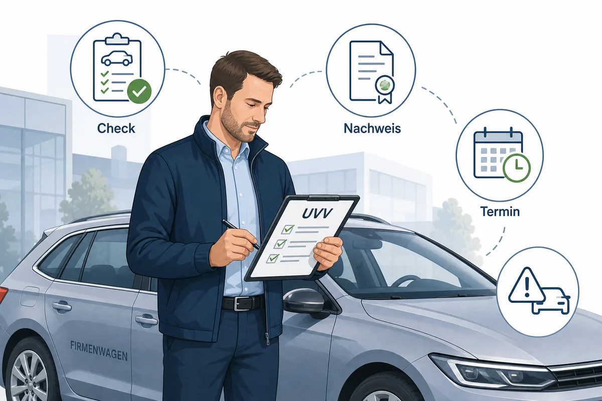 Fuhrparkverantwortlicher prueft eine UVV-Checkliste neben einem Firmenwagen
