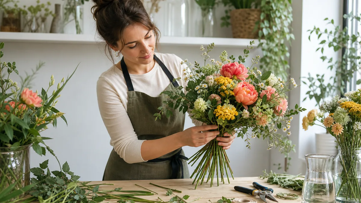 Anfängerin bindet an einem hellen Arbeitstisch einen lockeren Blumenstrauß in Spiraltechnik