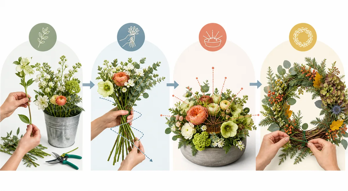Vierstufiger Lernweg von vorbereiteten Blumen über Spiralstrauß und Gesteck bis zum gebundenen Kranz