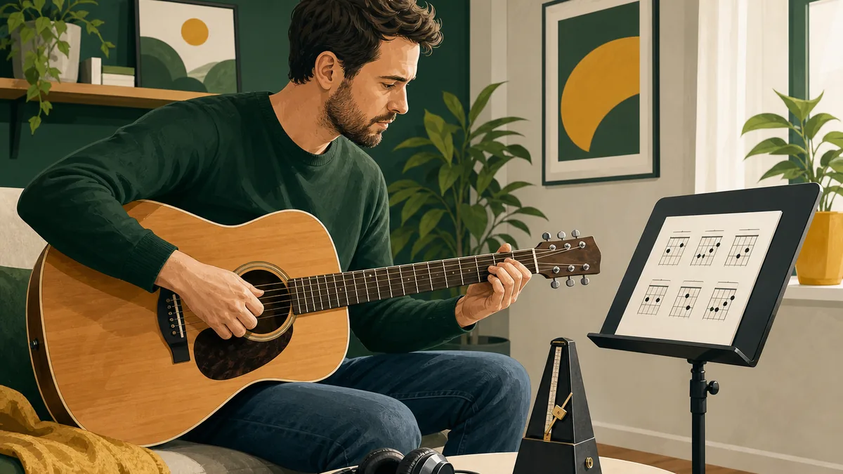 Gitarrenanfaenger uebt Akkorde ohne klassische Notenschrift mit Griffbildern und Metronom