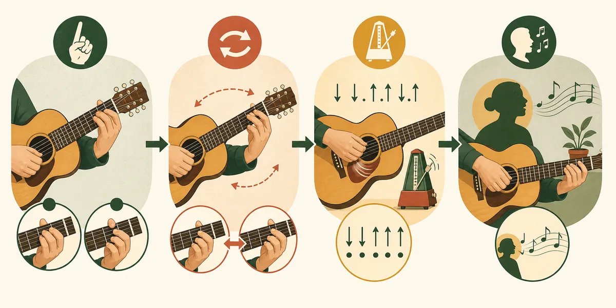 Vier visuelle Uebeschritte von einfachen Gitarrenakkorden ueber Wechsel und Rhythmus bis zur Liedbegleitung
