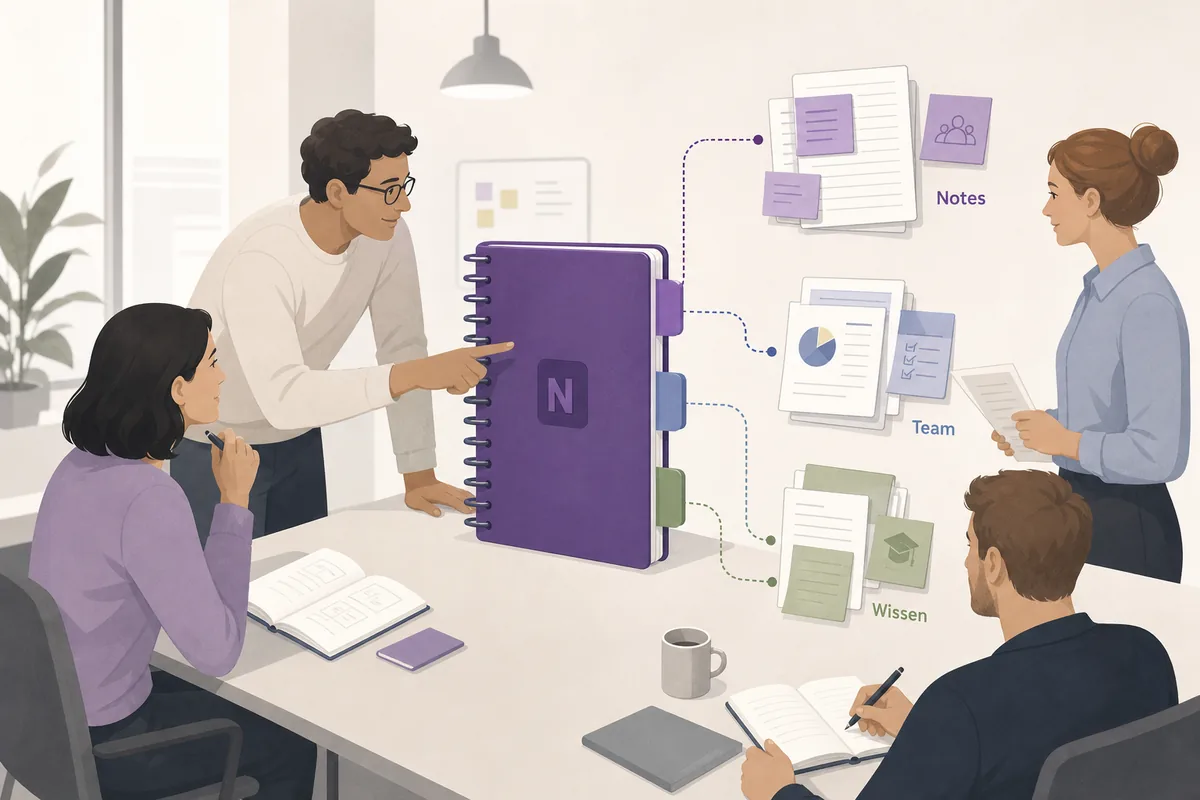 Team organisiert Unternehmensnotizen mit OneNote Notizbuechern fuer Meetings Projekte und Wissen