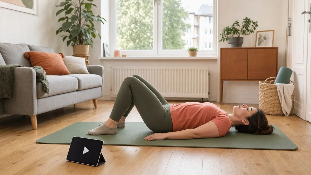 Anfängerin übt Pilates zu Hause auf einer Matte mit angeleitetem Video