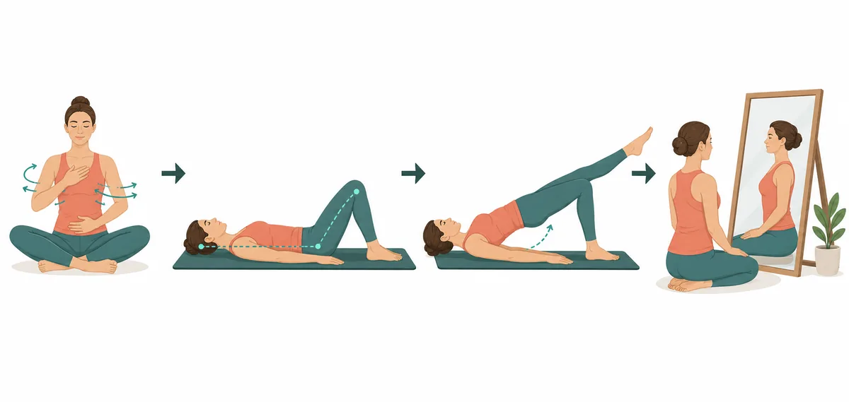 Vierstufiger Lernablauf aus Pilates-Atmung, Ausrichtung, kontrollierter Bewegung und Selbstkontrolle