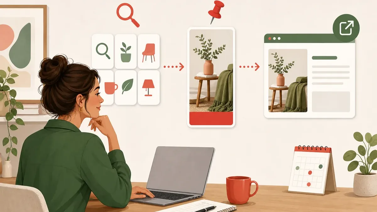 Selbstständige plant den Weg von einer Pinterest-Suchidee über einen Pin zu einem passenden Website-Inhalt