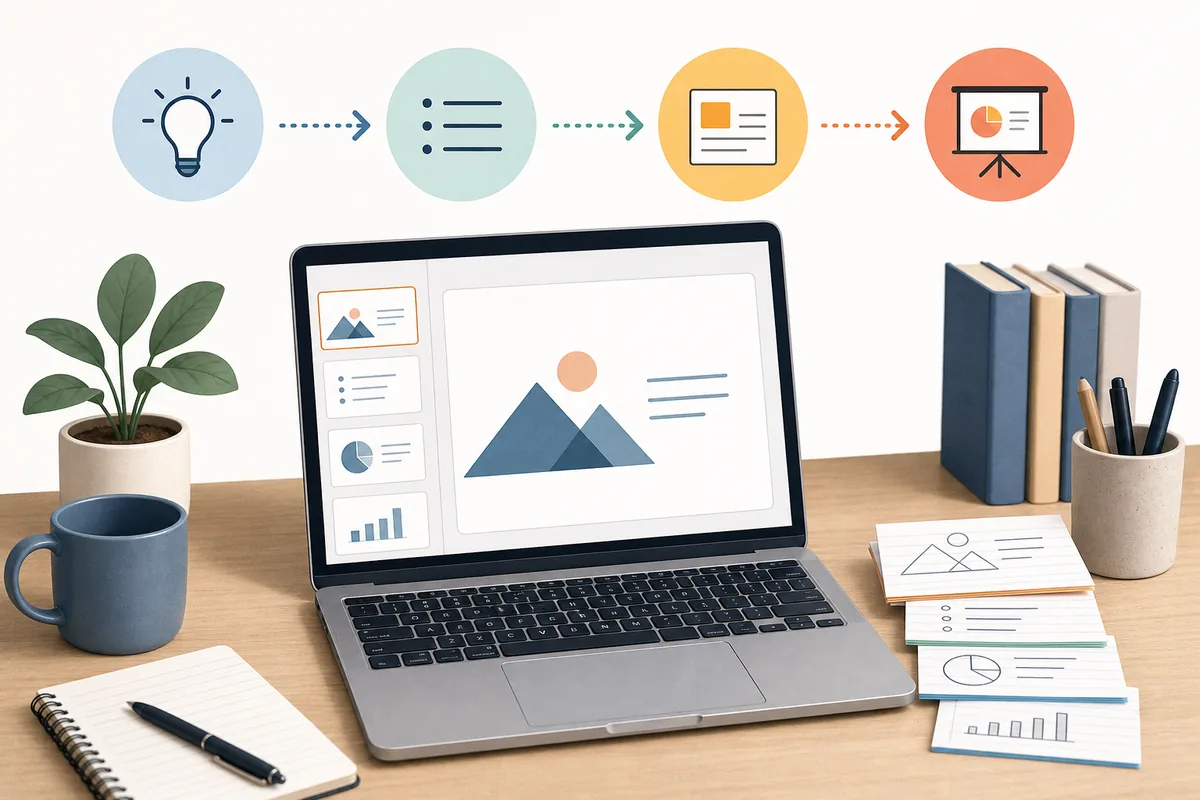 Einsteiger planen eine PowerPoint Praesentation mit Folienstruktur, Notizen und klarer Reihenfolge
