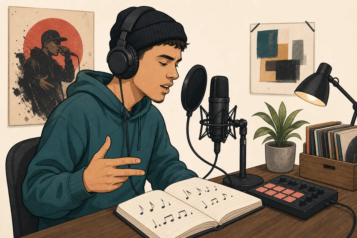 Anfänger übt einen eigenen Rap mit Mikrofon, Kopfhörern, Notizbuch und Beat-Pad