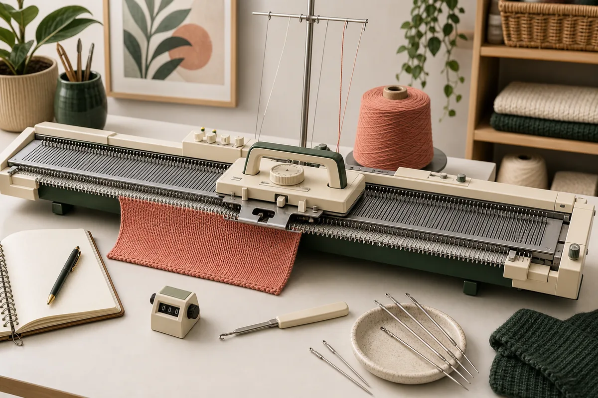 Flachbett-Strickmaschine mit Garn, Werkzeugen und einem gleichmäßig gestrickten Probestück für Anfänger