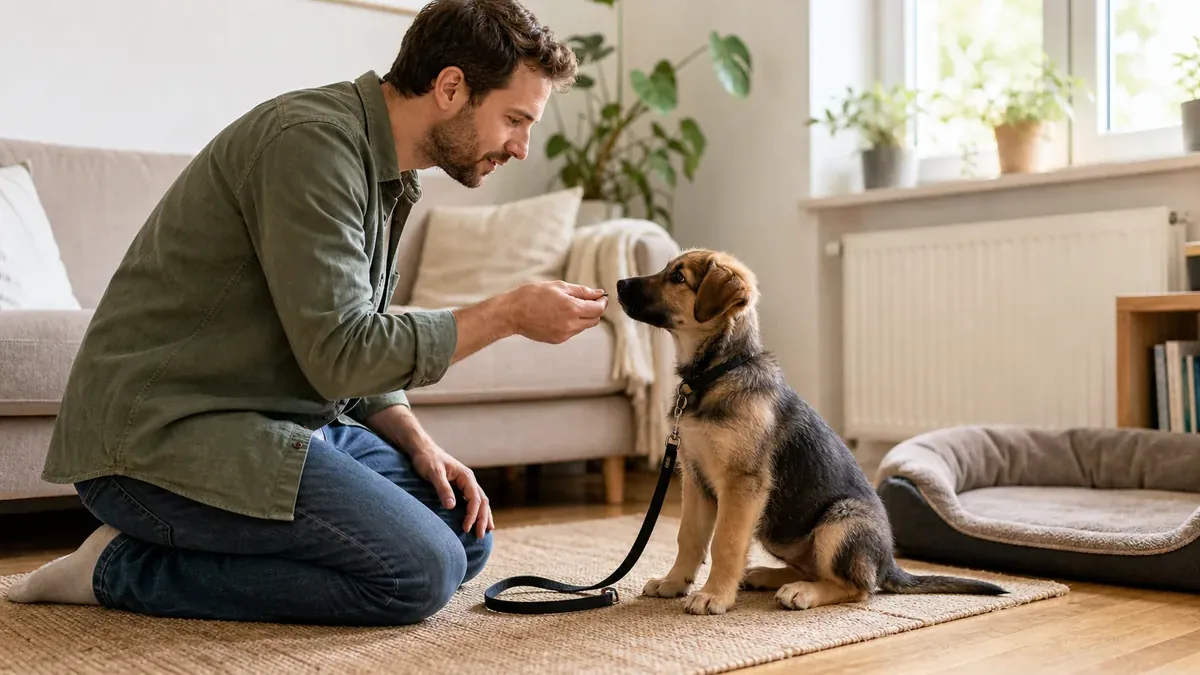 Hundehalter belohnt einen aufmerksamen Welpen beim kurzen Training zu Hause