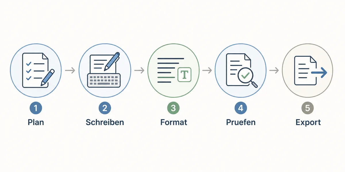 Fuenf Schritte fuer ein Word-Dokument: Plan, Schreiben, Format, Pruefen und Export