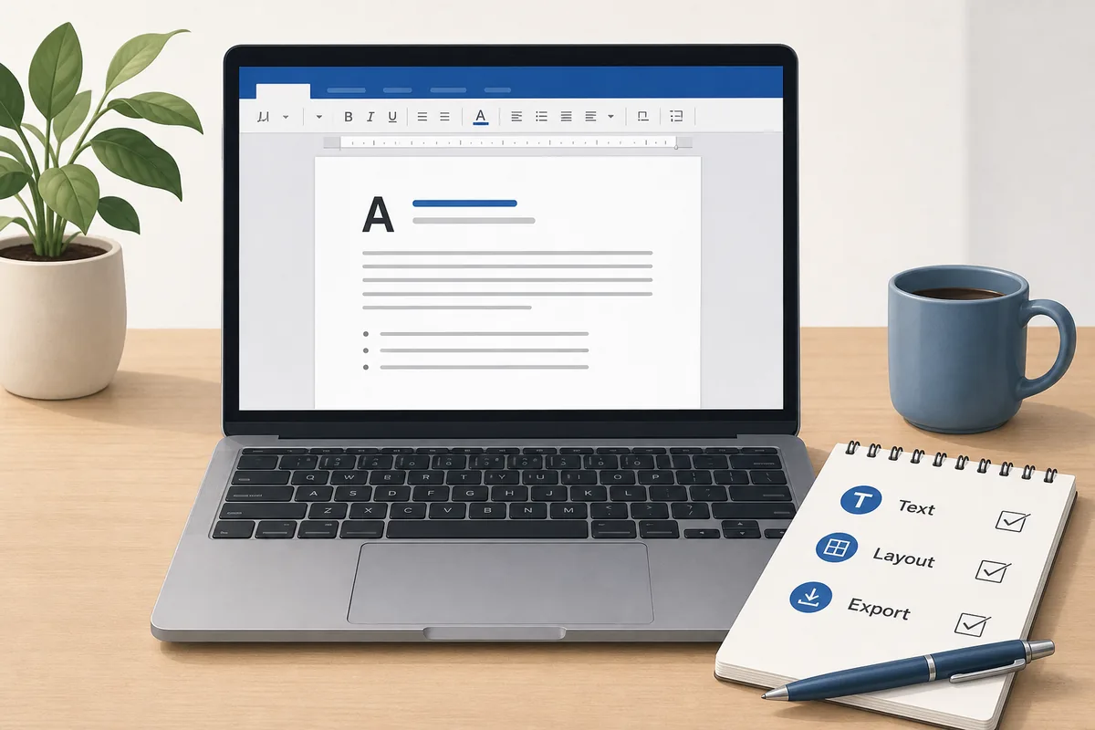 Laptop mit einem strukturierten Word-Dokument und kurzer Checkliste fuer Text, Layout und Export