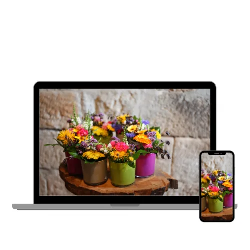 Vorschau des Floristik-Onlinekurses Querbeet für Einsteiger mit bunten Blumenarrangements